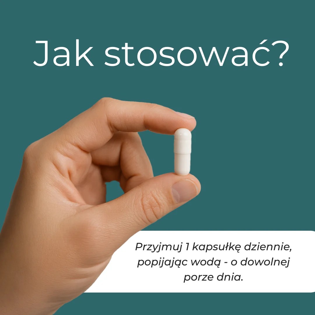 Instrukcja stosowania: przyjmować 1 kapsułkę NMN dziennie, popijając wodą, o dowolnej porze dnia.