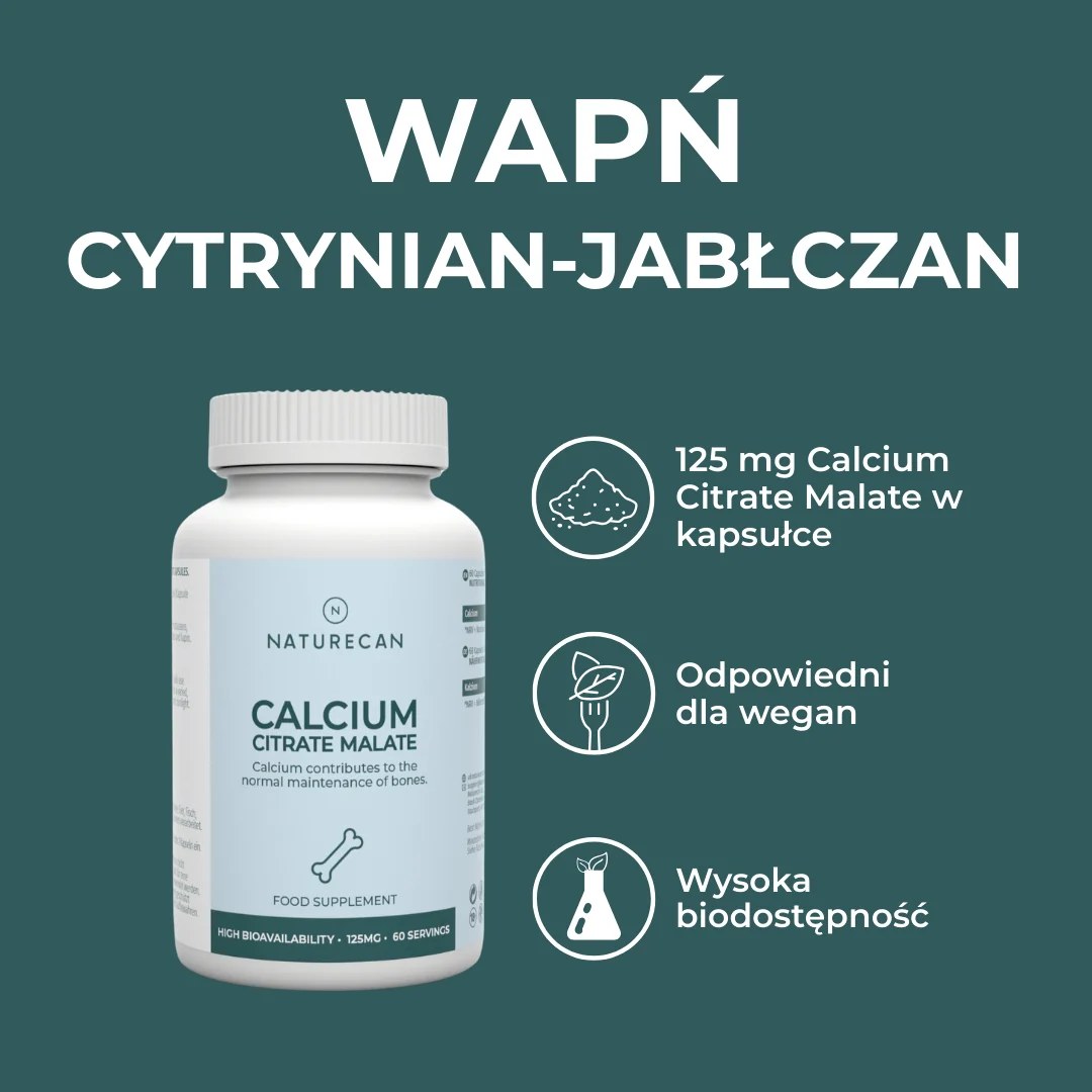 Naturecan Calcium Citrate Malate – 125 mg w kapsułce, wysoka biodostępność, odpowiedni dla wegan