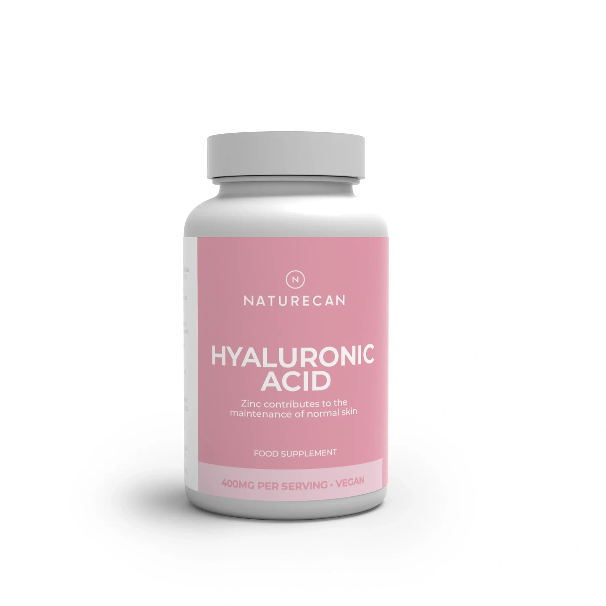 Opakowanie suplementu Naturecan Hyaluronic Acid 400 mg na neutralnym, jasnym tle. Produkt wspiera zdrową skórę, zawiera cynk i jest odpowiedni dla wegan.
