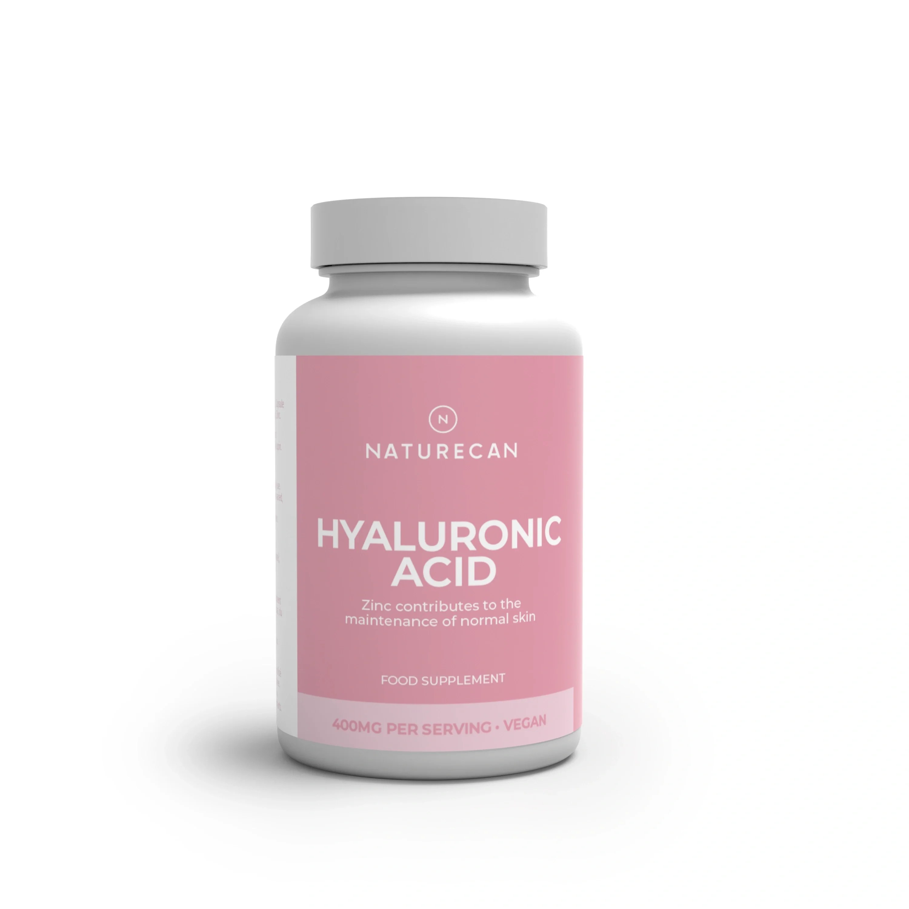 Opakowanie suplementu Naturecan Hyaluronic Acid 400 mg na neutralnym, jasnym tle. Produkt wspiera zdrową skórę, zawiera cynk i jest odpowiedni dla wegan.